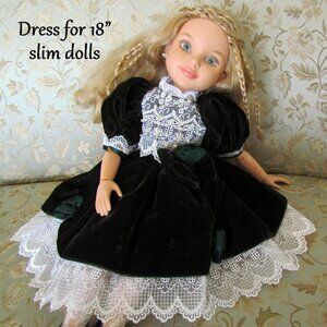 DOLL DRESS fits BFC by MGA & 18" SLIM DOLLS, DARK GREEN VELVET w LAVISH LACE